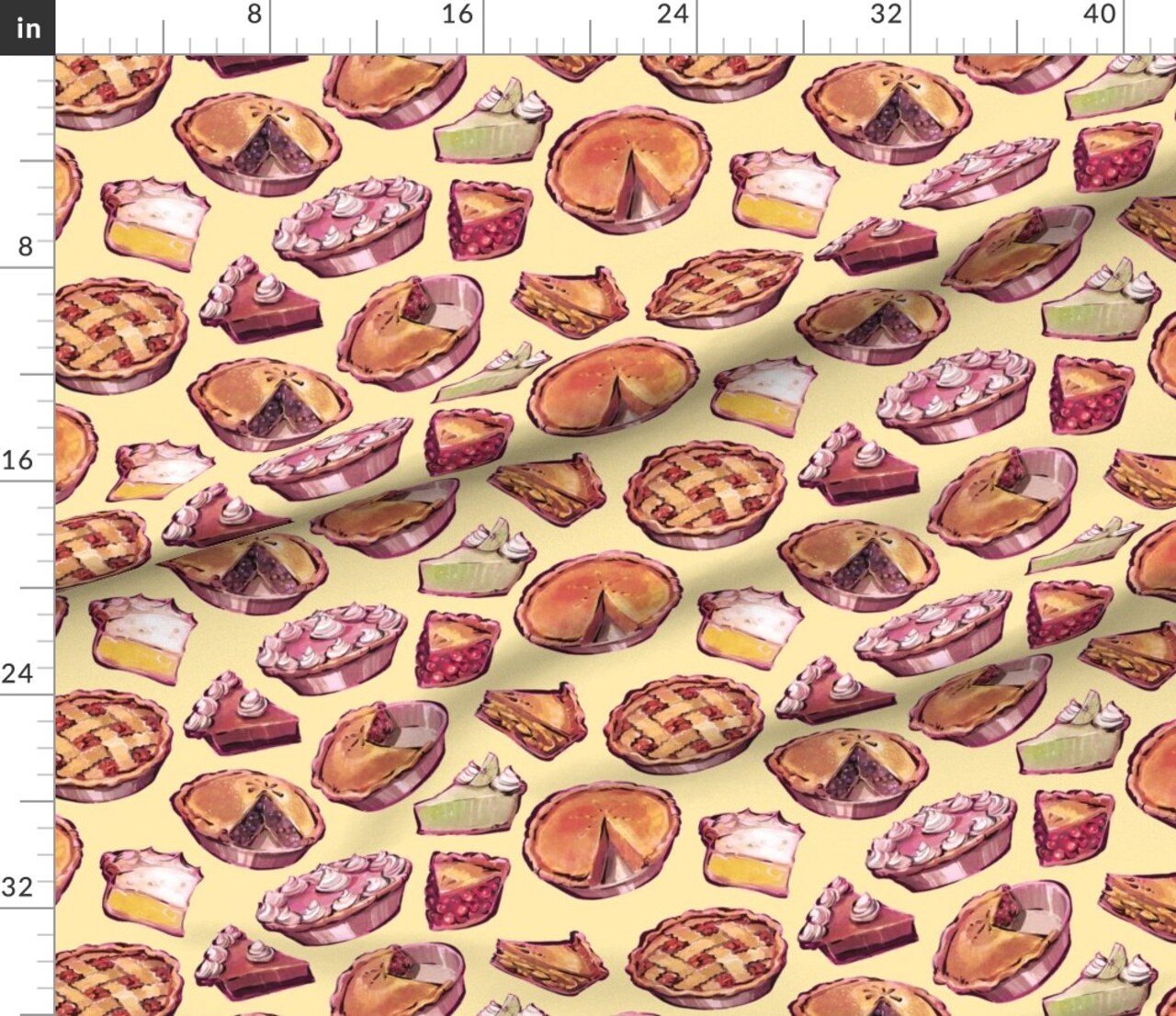 Vintage Retro Yellow Summer Pie County Fair Watercolor Sugar Dessert Bakery Pastries Nostalgia Cherry Butter Large Scale Lemon Plate Custom Printed Fabric by Spoonflower Various Fabrics by the Yard or Fat Quarter